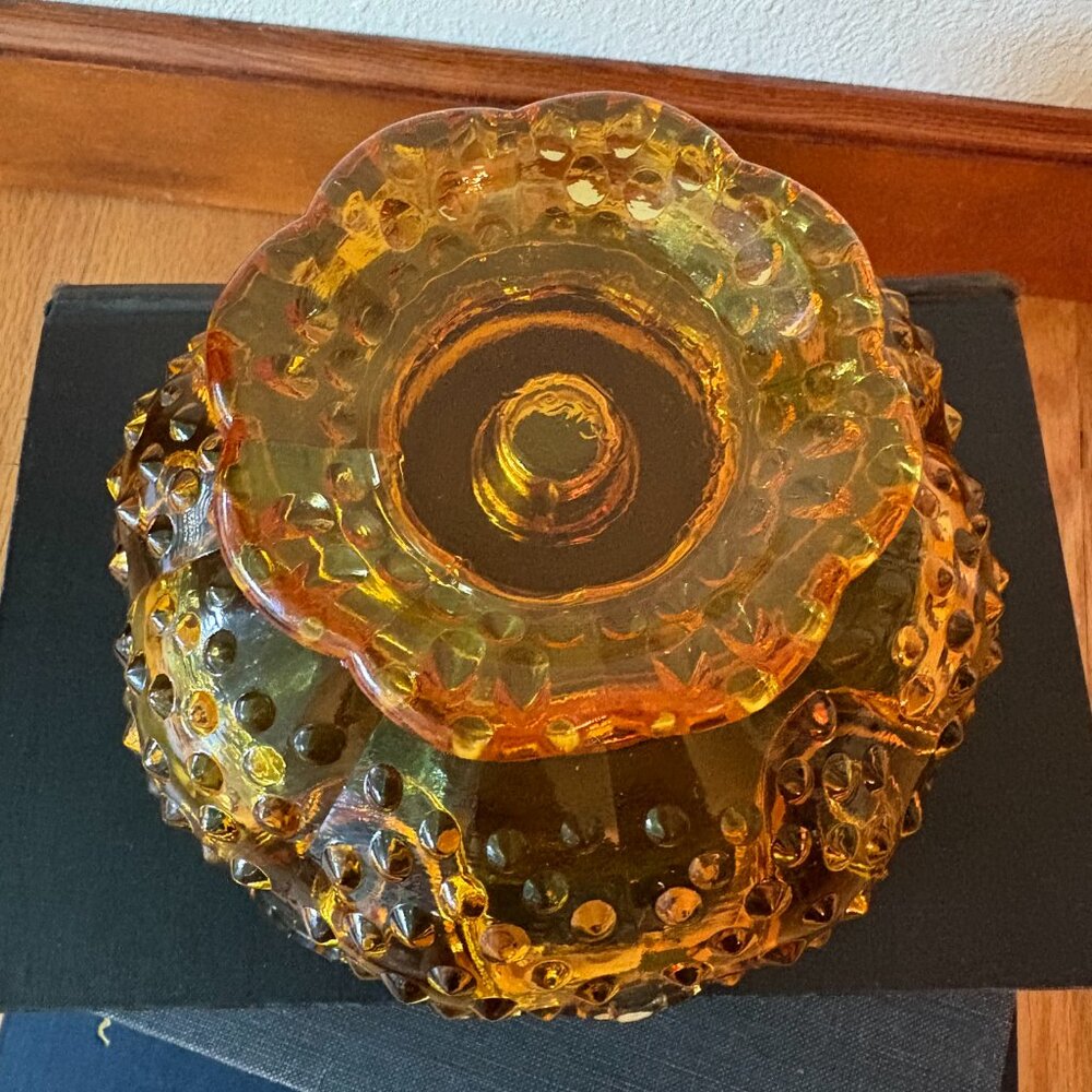 VTG Fenton Amber Glass Hobnail Candle Holder Bowl Centerpiece Bowl Decorative - Picture 3 of 10